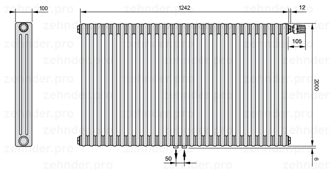 Схема (чертеж) Радиатор Zehnder Charleston 3200/27 №V008 Белый глянцевый RAL 9016